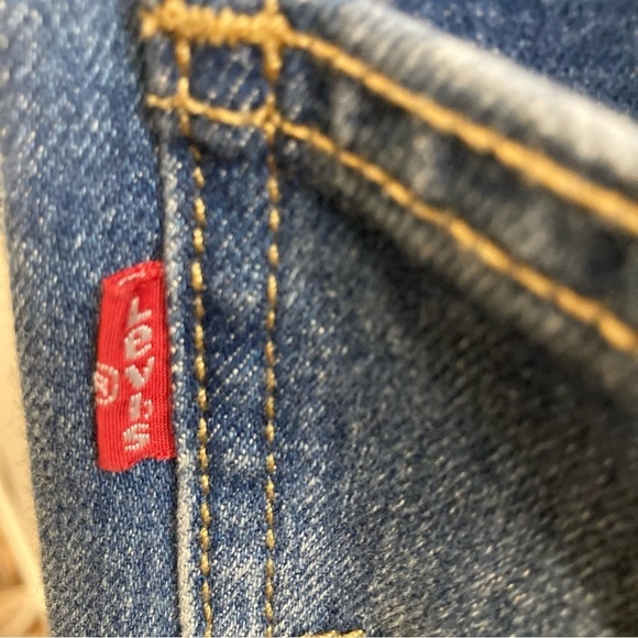 LEVI’S Sz L Fitted High Rise Jean Overalls Adjustable Straps Distressed Knees - Picture 11 of 16